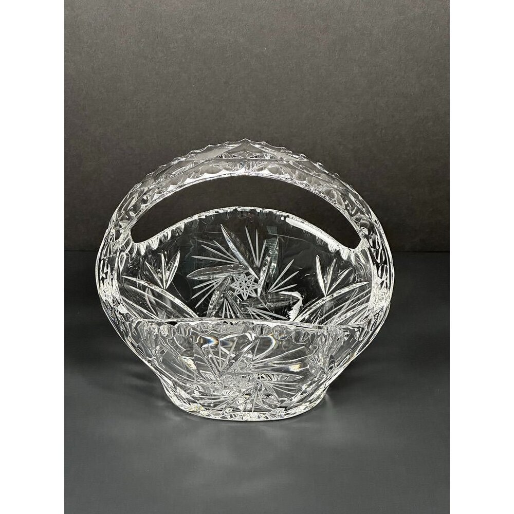 Vintage Pressed Glass Crystal Handled Basket Candy Dish Pinwheel Design